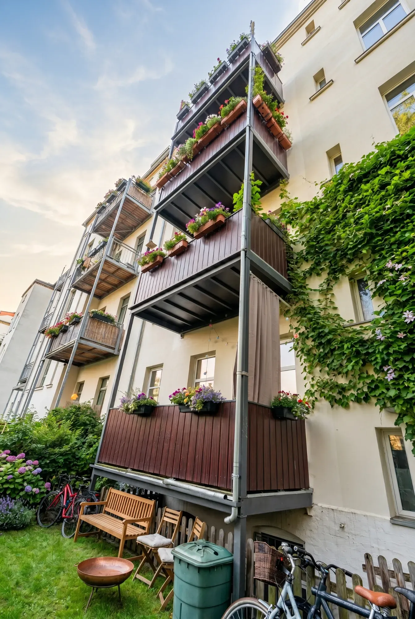 Begrünte Balkone an der Hofseite